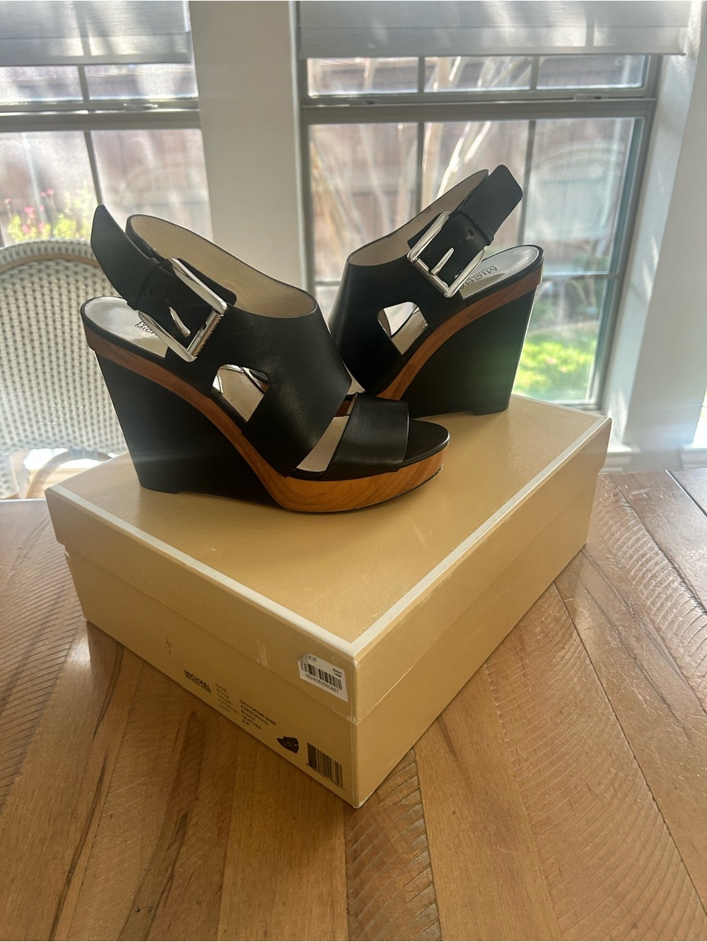 Michael Kors Black Leather Platform Wedge Sandals with Wood-Effect Midsole